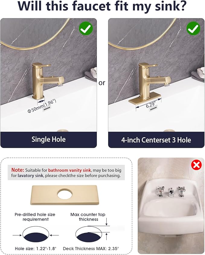 Pull Out Bathroom Faucet, Single Handle Bathroom Sink Faucet with Pull Out Sprayer, Bathroom Faucet for Sink, with Pop-up Drain & Deck Plate 1 or 4-inch Centerset 3 Hole, Gold