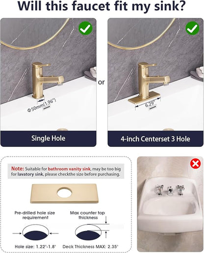 Pull Out Bathroom Faucet, Single Handle Bathroom Sink Faucet with Pull Out Sprayer, Bathroom Faucet for Sink, with Pop-up Drain & Deck Plate 1 or 4-inch Centerset 3 Hole, Gold