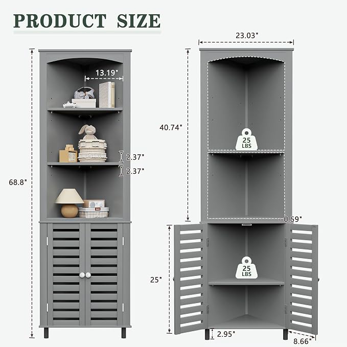 VECELO Bathroom Corner Cabinet, Triangle Open Shelving Shelf, Tall Freestanding Storage Hutch for Kitchen, Living Dining Room with Adjustable Storage Shelves and Doors, Grey