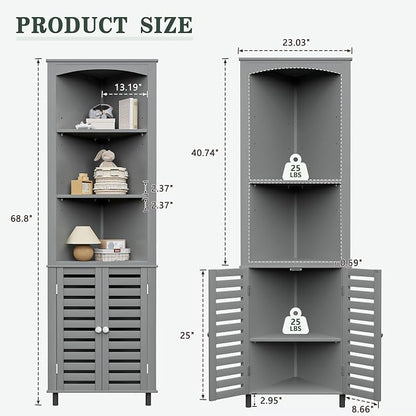 VECELO Bathroom Corner Cabinet, Triangle Open Shelving Shelf, Tall Freestanding Storage Hutch for Kitchen, Living Dining Room with Adjustable Storage Shelves and Doors, Grey