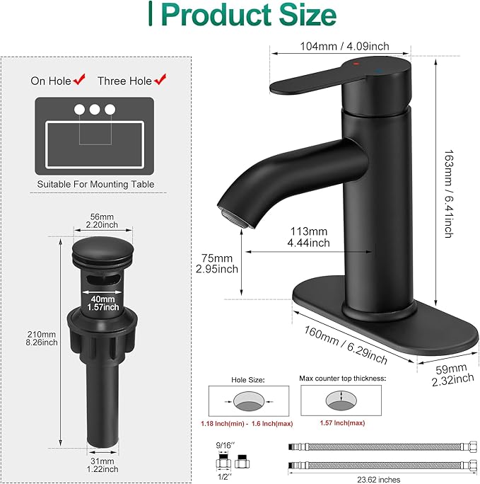 VOTON Matte Black Bathroom Sink Faucet, Single Handle Stainless Steel for 1 or 3 Hole Faucet for Bathroom Sink with Deck, Pop-up Drain and Supply Hoses