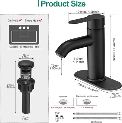 VOTON Matte Black Bathroom Sink Faucet, Single Handle Stainless Steel for 1 or 3 Hole Faucet for Bathroom Sink with Deck, Pop-up Drain and Supply Hoses