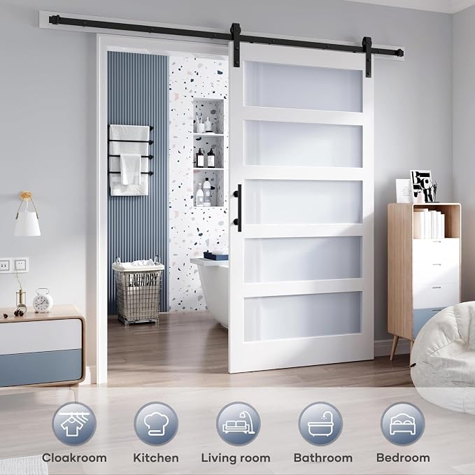 40x84 Inch Glass Sliding Barn Door Slab and 7ft Hardware Kit Included, 5 Frosted Glass, LVL Wood Panel Covered with White Water-Proof Scratch-Proof PVC Surface, Simple DIY Assembly