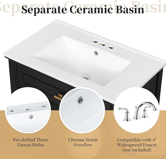 30" Bathroom Vanity with Ceramic Sink, 1 Flip Drawer & 2 Side Drawers, Modern Freestanding Storage Cabinet w/Adjustable Shelf & Golden Metal Handles, Solid Wood Frame, Black