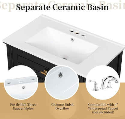 30" Bathroom Vanity with Ceramic Sink, 1 Flip Drawer & 2 Side Drawers, Modern Freestanding Storage Cabinet w/Adjustable Shelf & Golden Metal Handles, Solid Wood Frame, Black
