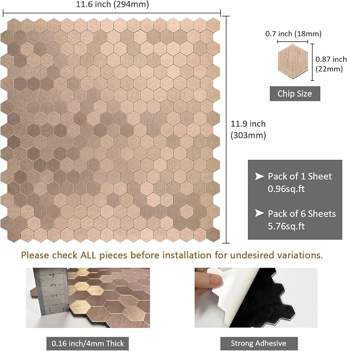 Copper Peel and Stick Backsplash, Self Adhesive Mini Hexagon Backsplash Aluminum Mosaic Tile for Kitchen Bathroom (6 Sheets)