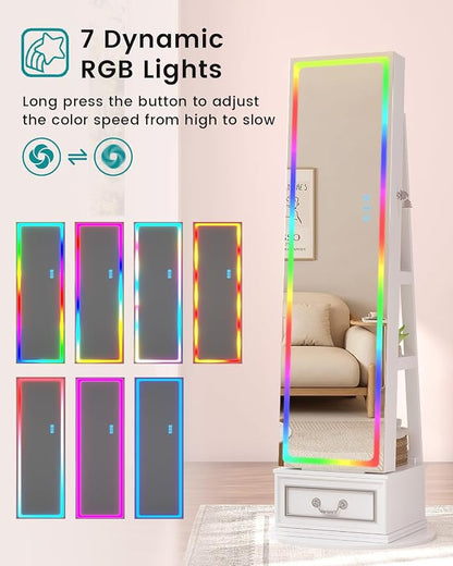 Vlsrka Jewelry Armoire with Full Length LED Mirror, 360° Swivel, White | Standing Mirror with Storage, Lockable Jewelry Cabinet with Touch Screen & RGB Modes for Small Bedroom Spaces, Gift for Women