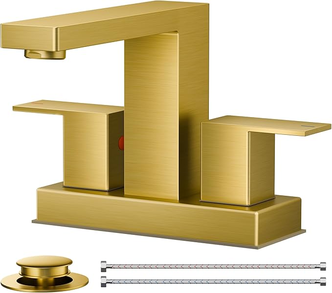 FORIOUS Gold Bathroom Faucet Centerset 4 in, 2 Handle Centerset Bathroom Sink Faucet Brushed Gold 2 Hole, with Metal Pop Up Drain, 24 in CUPC Supply Lines, for Vanity Sink Remodel