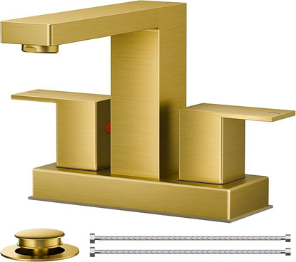 FORIOUS Gold Bathroom Faucet Centerset 4 in, 2 Handle Centerset Bathroom Sink Faucet Brushed Gold 2 Hole, with Metal Pop Up Drain, 24 in CUPC Supply Lines, for Vanity Sink Remodel