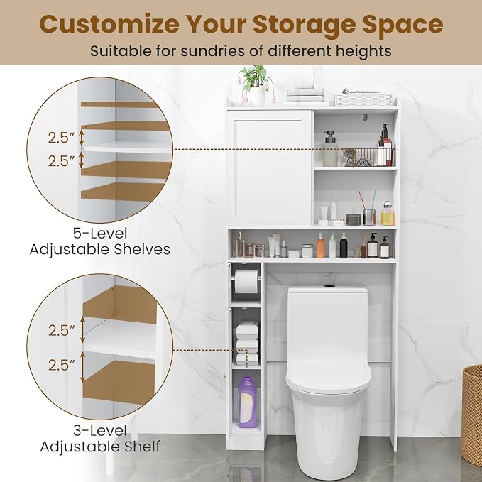Giantex Over The Toilet Storage Cabinet, 32.5"W Freestanding Space Saver with Sliding Door, Toilet Paper Holder & Adjustable Shelves, Over Toilet Bathroom Organizer for Restroom & Laundry Room, White