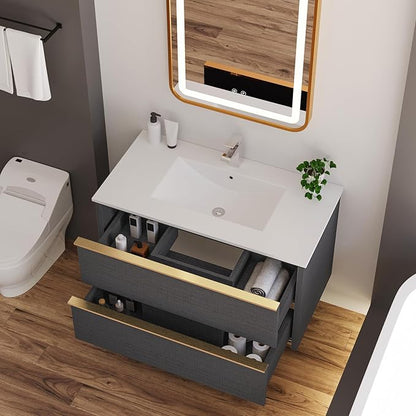 Floating Bathroom Vanity with Sink Wall Mounted Cabinet with 2 Soft-Close Drawers, Moisture-Resistant MDF,Large Storage for Small Space (Gray 36")