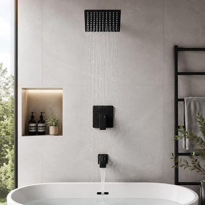 Tub Shower Faucet Set Valve Included with 8-Inch Rain Shower Head and Tub Spout Single-Handle Tub and Shower Trim Kit Matte Black