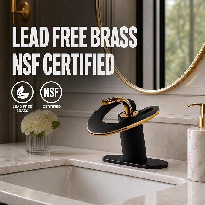 Black Gold Waterfall Sink Single Hole Vanity 1 Handle Brass Modern Unique Bathroom Faucets, 2 Tone Single Lever Copper Swan Style Vessel Hollow Faucet with Deck Plate for 3 Hole