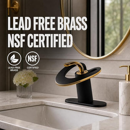 Black Gold Waterfall Sink Single Hole Vanity 1 Handle Brass Modern Unique Bathroom Faucets, 2 Tone Single Lever Copper Swan Style Vessel Hollow Faucet with Deck Plate for 3 Hole