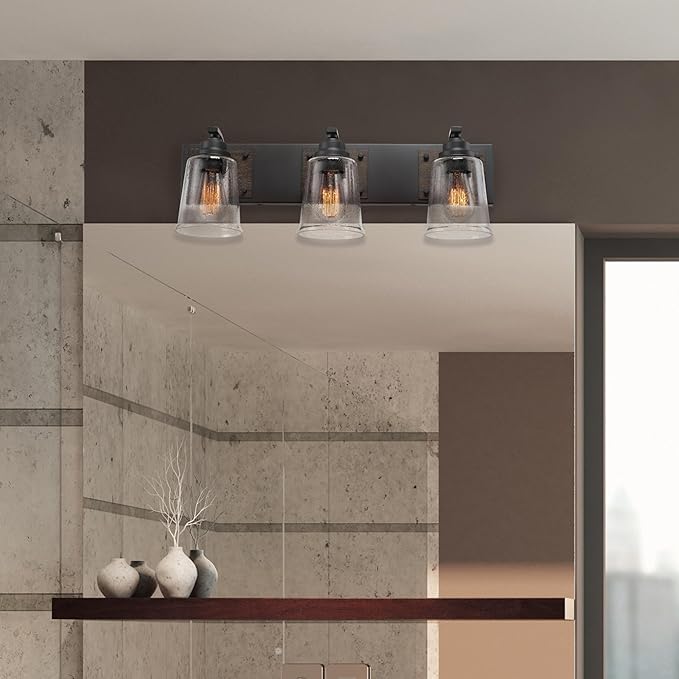 Globe Electric 51852 3-Light Vanity Light, Bathroom Wall Fixture, Matte Black and Dark Faux Wood Finish, Clear Seeded Glass Shades, E26 Base, Dimmable