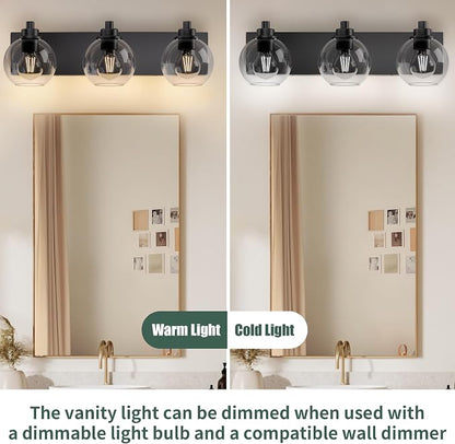 Bathroom Light Fixtures-Matte Black Vanity Lights for Bathroom, Modern Black Vanity Lights 3-Light Bathrooms Lighting Fixtures Over Mirror with Clear Glass Shade