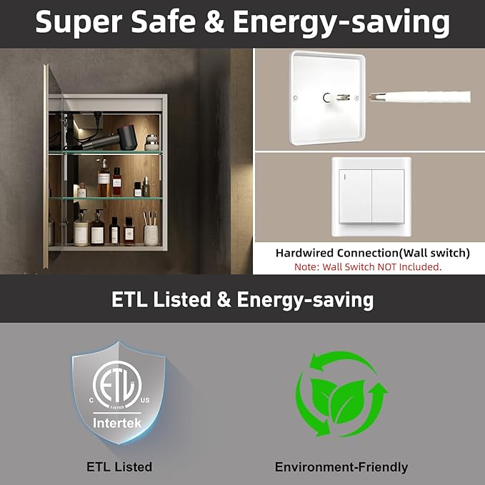 Medicine Cabinet with LED Lights and Mirror, 24 x 30 Inch Surface or Recessed Mounted Bathroom Cabinets with Door, Defogger, Memory Function, 3-Color Mode, Outlet&USB, Dimmer, Storage Shelf