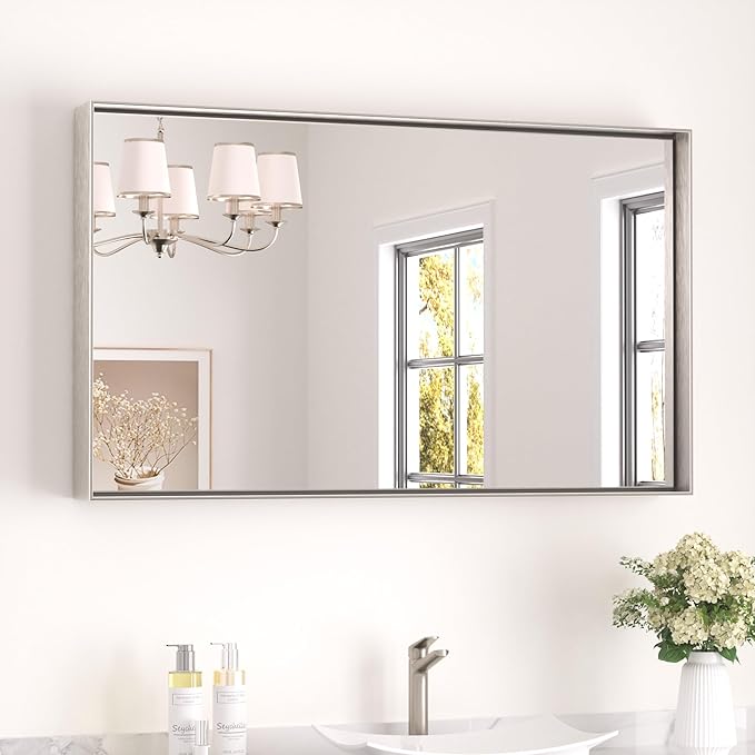 Keonjinn 40x24 Inch Nickel Bathroom Mirror for Over Sink, Rectangular | HD Tempered Glass, Vanity Mirror, Brushed Framed, Square Corner, Modern Farmhouse, Wall Mounted Mirrors, Aluminum Alloy