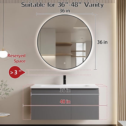 Niccy Round LED Bathroom Mirrors, Black Framed Backlit Vanity Mirror, 36" | LED Smart Circle Mirror with 3 Color Lighting, Anti-Fog Lighted, IP65 Waterproof, Wall Mounted Bathroom Vanity