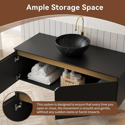 48 Inch Bathroom Vanity with Sink, Floating Fluted Vanity with Vessel Sink, Modern Wall Mounted Bathroom Vanity Cabinet with 2 Doors, Bowl Vessel Sink & Sintered Stone Top, Black