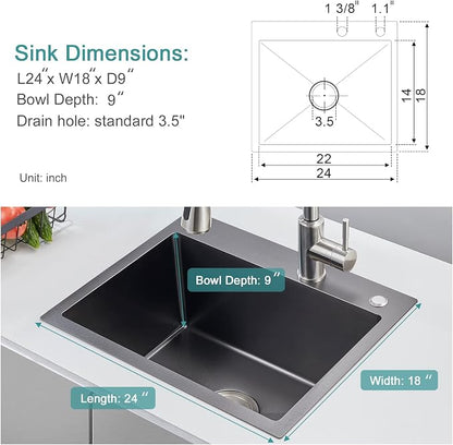 Black Topmount Kitchen Sink - 24”×18” Single Bowl Sink | 9 Inch Deep Handmade Bar Sink with Strainer, Stainless Steel 304, Center Drain, X-Groove Drainage, Sound-Dampening Pad