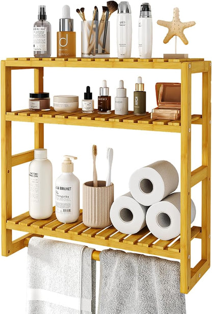 Galood Over The Toilet Storage Bathroom Shelves Wall Mounted 3 Tier Yellow | Space Saver Corner Shelf Organizer Bamboo Towel Rack Toilet Paper Cabinet with Hanging Rod
