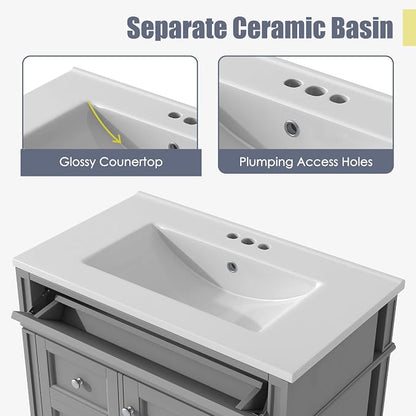 Merax 30 inch Bathroom Vanity with Ceramic Sink, Solid Wood Frame Modern Bathroom Sink Storage Cabinet with 2 Drawers and a Tip-Out Drawer, Single Sink Bathroom Vanities, Grey