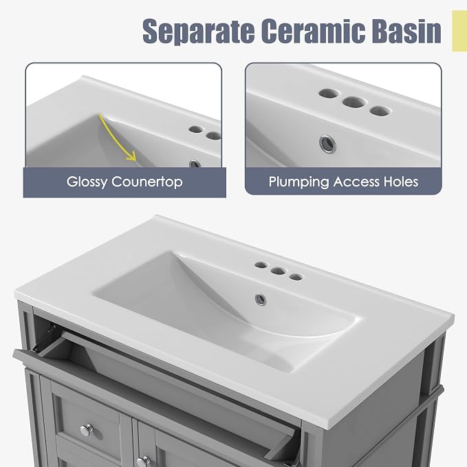 30-Inch Bathroom Vanity with Sink Combo,Undermount Single Basin Vanity Set w/Tip-Out and 2 Drawers,1 Soft Closing Door,Modern Storage Cabinet for Small Space Bathroom,Easy Assembly,Grey