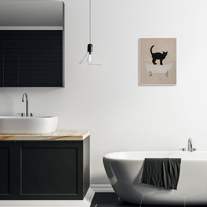 Stupell Industries Black Cat Simple Claw Foot Bathtub Bathroom Painting, Design by Coco de Paris, Tan, 13 x 19 | Stupell Industries · By Coco de Paris · Ready to hang · Bathroom novelty decor · Made in USA