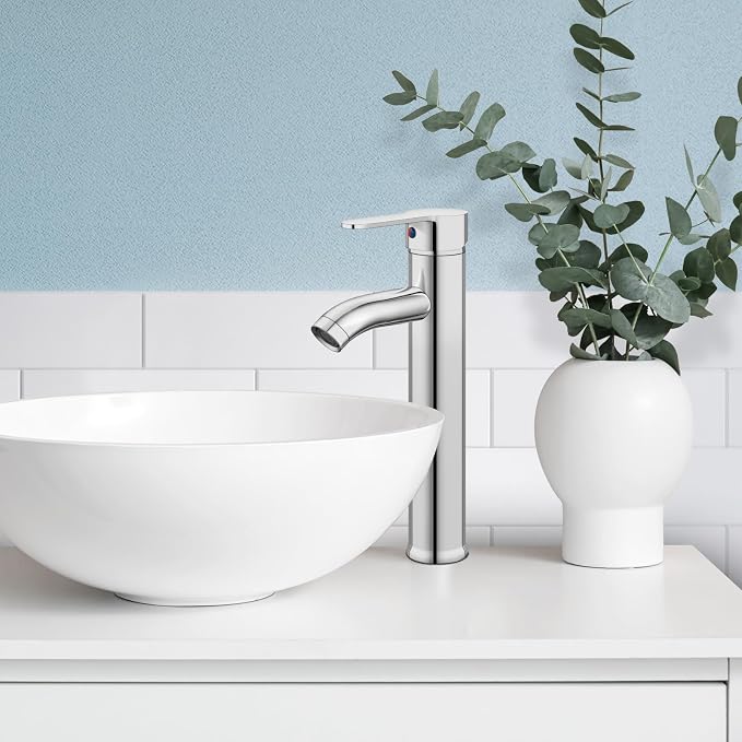 gotonovo Modern Vessel Sink Faucet with ABS Pop Up Drain, Polish Chrome | Modern Tall Bathroom Faucet 1 Hole Single Handle Round Body, cUPC Water Supply Hoses, Basin Mixer Tap for Vanity Lavatory Rv