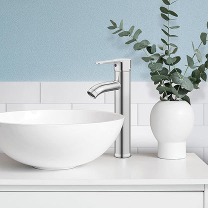gotonovo Modern Vessel Sink Faucet with ABS Pop Up Drain, Polish Chrome | Modern Tall Bathroom Faucet 1 Hole Single Handle Round Body, cUPC Water Supply Hoses, Basin Mixer Tap for Vanity Lavatory Rv