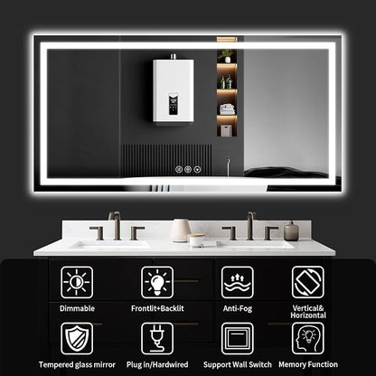 LED Bathroom Mirrors 28"x60" Bathroom Mirror with Lights for Wall, Backlit + Front Lit, 3 Colors, Anti-Fog, Dimmable Brightness for Vanity,Bathroom, Entryway, Living Room