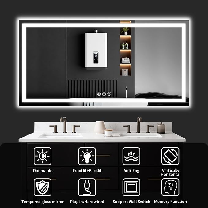 30"x60" LED Bathroom Mirror with Lights, Dimmable, Anti-Fog, Lighted Bathroom Vanity Mirror for Wall, Backlit + Front Lit, Memory Function, Shatter-Proof, Tempered Glass