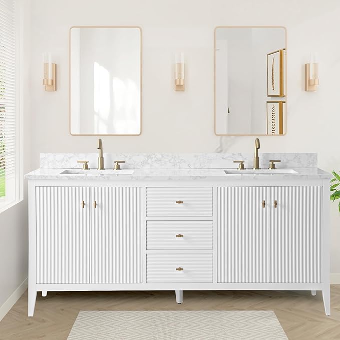 HOMEBEYOND 72" Bathroom Vanity with Double Sink, Solid Wood Bathroom Vanity Free-Standing Cabinet, Ceramic Top & Soft Closing Door, Golden Brushed Handware, White