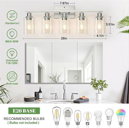 5-Light Bathroom Light Fixtures, Vanity Light with Clear Glass Shades, Brushed Nickel Bathroom Light Fixtures Over Mirror, Modern Bathroom Wall Lamp for Mirror Living Room Cabinet Bedroom