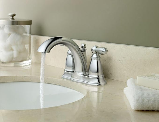 Moen Brantford Chrome Two-Handle Low-Arc Traditional Centerset Bathroom Faucet with Drain Assembly, 6610