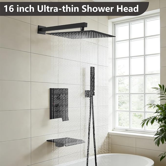 Midanya Shower System with Tub Spout,16 Inch Shower Head,Matte Black | with Valve & Trim Kit,Square Rain Head,Handheld Sprayer,Waterfall Spout,All Metal Wall Mount Bathroom Shower Tub Faucet Set