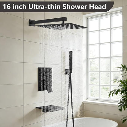 Midanya Shower System with Tub Spout,16 Inch Shower Head,Matte Black | with Valve & Trim Kit,Square Rain Head,Handheld Sprayer,Waterfall Spout,All Metal Wall Mount Bathroom Shower Tub Faucet Set