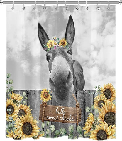HVEST Farmhouse Donkey Shower Curtain for Bathroom Funny Western Wild Animal with Sunflower on Wood Shower Curtain with Hooks Yellow Floral with Eucalyptus Bathroom Curtain Shower Set,72L X 60W inches