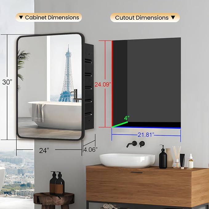 Black Medicine Cabinet 24x30 inch, Bathroom Mirror with Storage, Recessed or Wall Mounted Farmhouse Cabinets, Metal Framed Adjustable Shelves, One Door Open Left or Right