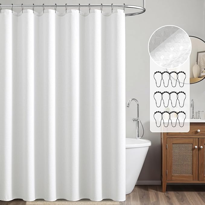 MIULEE Waffle Weave Fabric Shower Bath Curtain with 12 Metal Hooks 260GSM Heavy Duty Washable Waterproof Narrow Thick Cloth Shower Curtains Set for Bathroom Hotel, W72*L72, White
