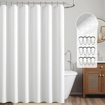 MIULEE Extra Long Waffle Weave Shower Bath Curtain 84 Inch Long with 12 Metal Hooks Modern Washable 260GSM Heavy Fabric Waterproof Thick Cloth Shower Curtains Set for Bathroom Bathtub, White