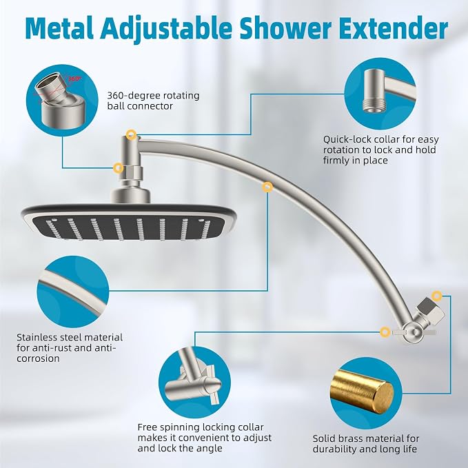 Rain Shower Head with 12" Metal Extension Arm, 10" High-Pressure Showerhead | Brushed Nickel, Boosting Rainfall/Fixed Showerhead, Shower Head Extender Adjustable Height/Angle, 1-Min Easy to Install