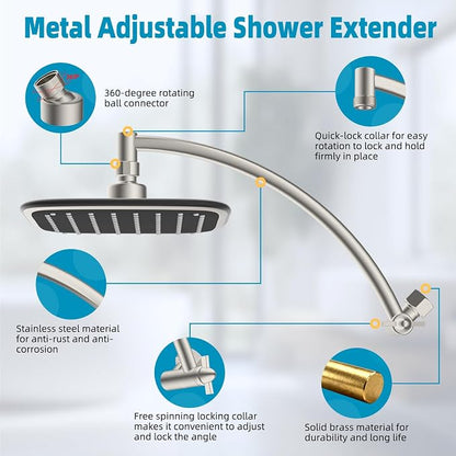 Rain Shower Head with 12" Metal Extension Arm, 10" High-Pressure Showerhead | Brushed Nickel, Boosting Rainfall/Fixed Showerhead, Shower Head Extender Adjustable Height/Angle, 1-Min Easy to Install