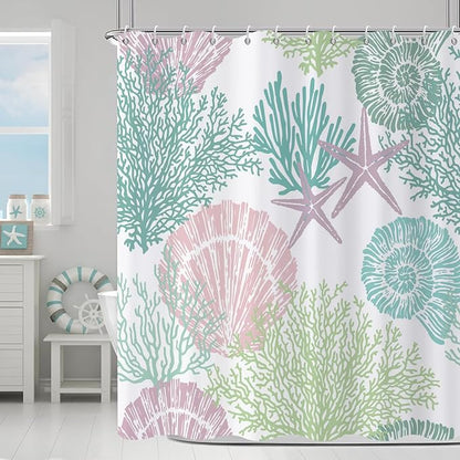 Nautical Coastal Shower Curtain, Pink Green Purple Ocean Beach Seashell Starfish Themed Bathroom Curtain Waterproof Fabric Machine Washable with Hooks, 72" Wx78 L