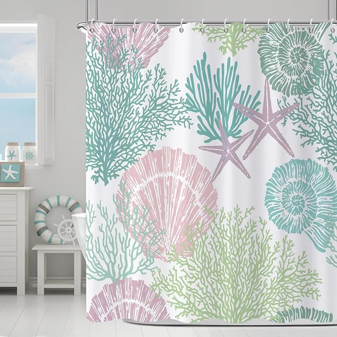 Nautical Coastal Shower Curtain, Pink Green Purple Ocean Beach Seashell Starfish Themed Bathroom Curtain Waterproof Fabric Machine Washable with Hooks, 65" Wx72 L