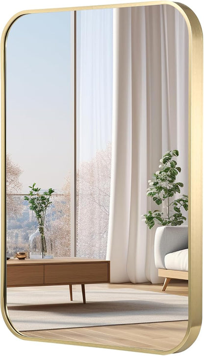 20x30 Inch Gold Bathroom Mirror, Brushed Brass Gold Metal Framed Rectangular Mirror with Rounded Corner, Bathroom Vanity Mirror for Bedroom or Living Room, Horizontal/Vertical
