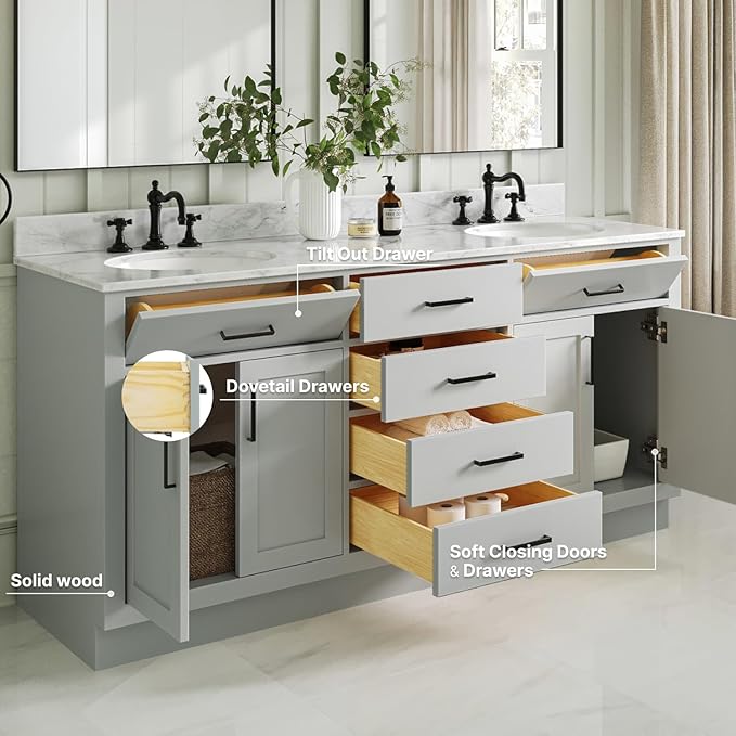ARIEL Hepburn 72-inch Bathroom Vanity with Sink,Solid Wood, 0.75-inch Italian Carrara Marble Countertop & Backsplash, Double Oval Porcelain Sink, 4 Soft Closing Doors, 6 Dovetail Drawers, Grey