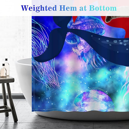Aimego Extra Long Shower Curtain - Funny Cute Cat Riding Whale on Space Galaxy Fantasy Jellyfish Fabric Cloth Shower Curtain Set with 12 Hooks for Kids Bathroom Decor Bathtub Curtain, 72"x84"