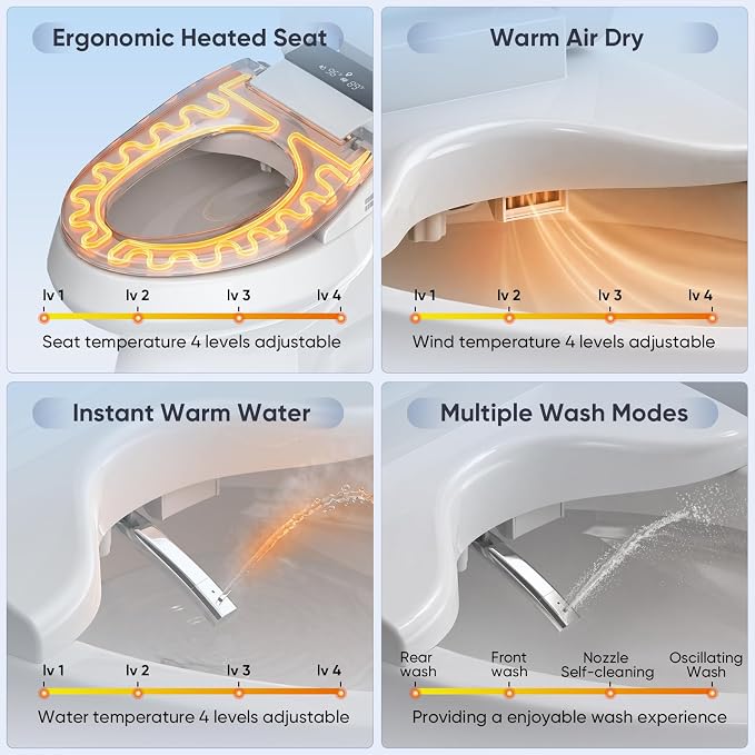 LEIVI Electric Bidet Toilet Seat with Auto Open & Close Lid, Digital LED Display, Heated Seat, Night Light, Bidet with Warm Water and Dryer, Elongated